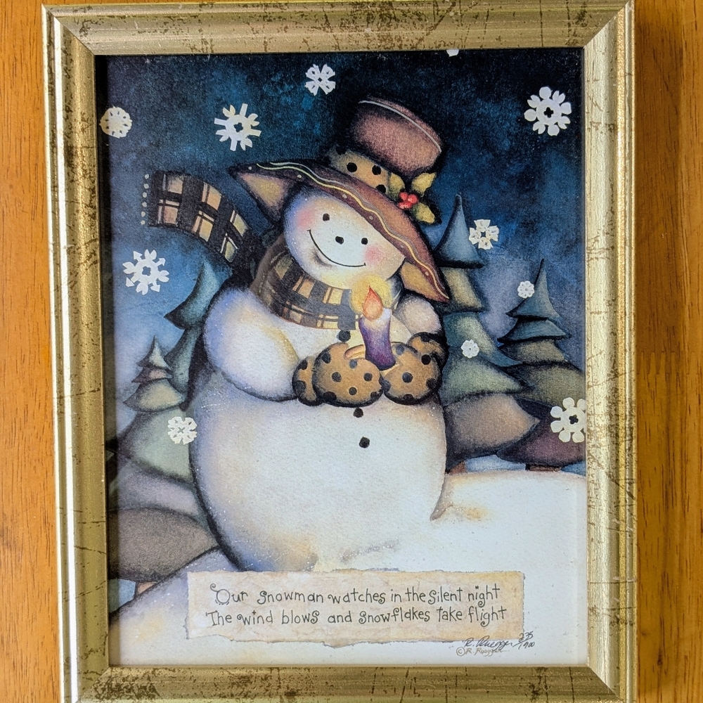 VTG R Ruegger Snowman Lithograph Print Hand Signed Framed COA Christmas Holiday